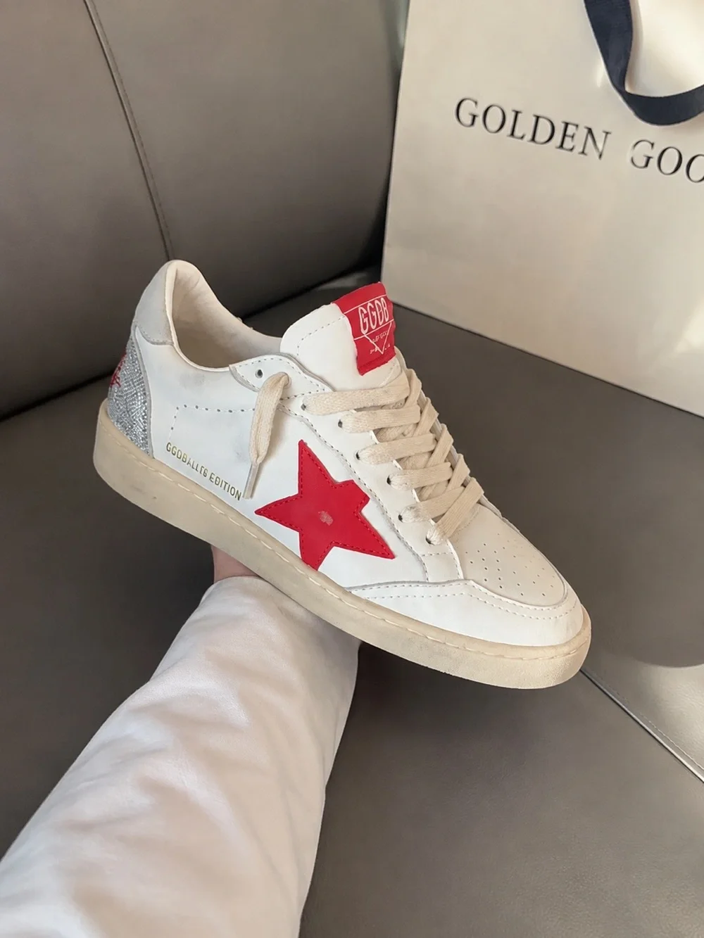 Golden Goose White Leather Sneakers with Red Star and Metallic Heel